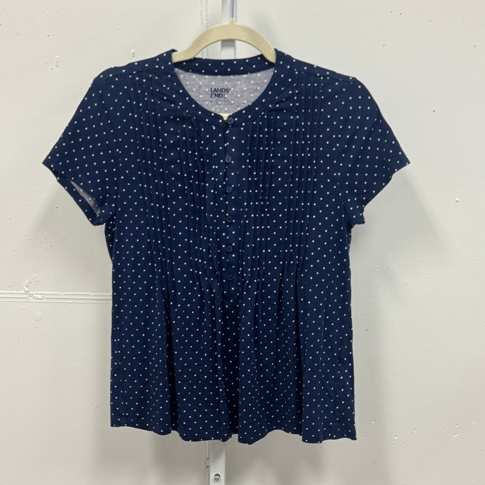 Lands End Navy Blue Polka Dot Pleated Henley Top T-shirt Small Short Sleeve